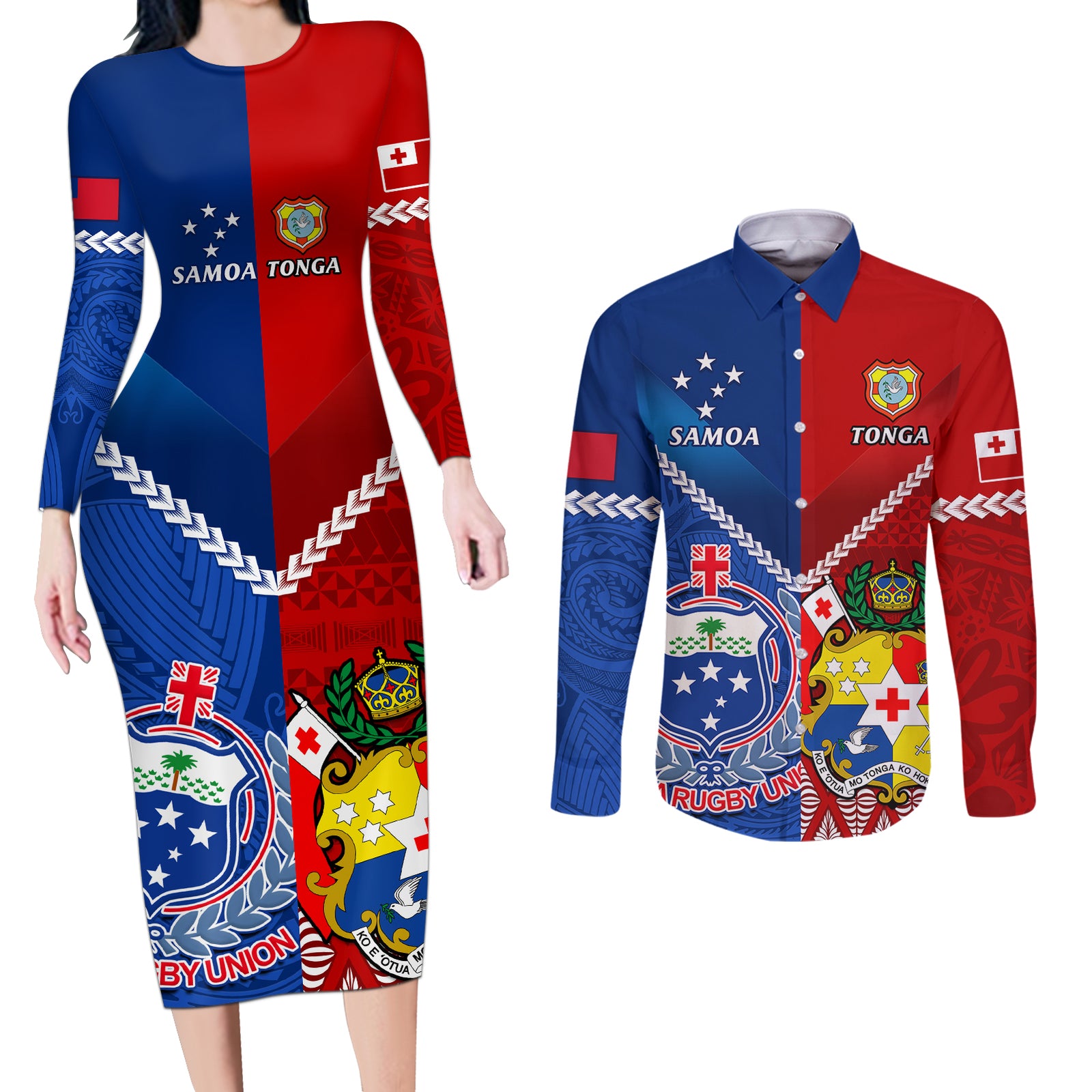 Samoa And Tonga Rugby Couples Matching Long Sleeve Bodycon Dress and Long Sleeve Button Shirts 2023 World Cup Manu Samoa With Ikale Tahi LT14 Blue - Polynesian Pride