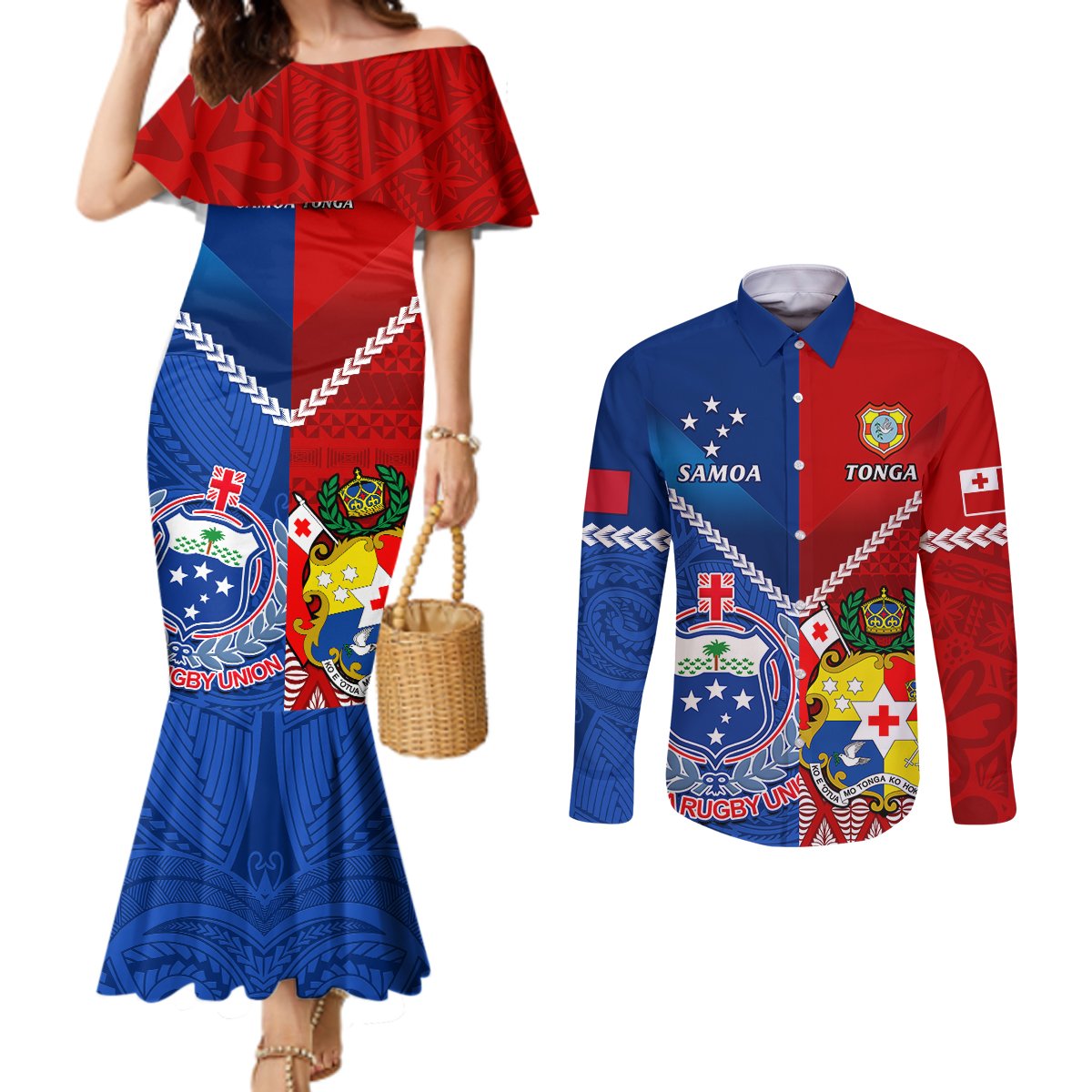 Samoa And Tonga Rugby Couples Matching Mermaid Dress and Long Sleeve Button Shirts 2023 World Cup Manu Samoa With Ikale Tahi LT14 Blue - Polynesian Pride