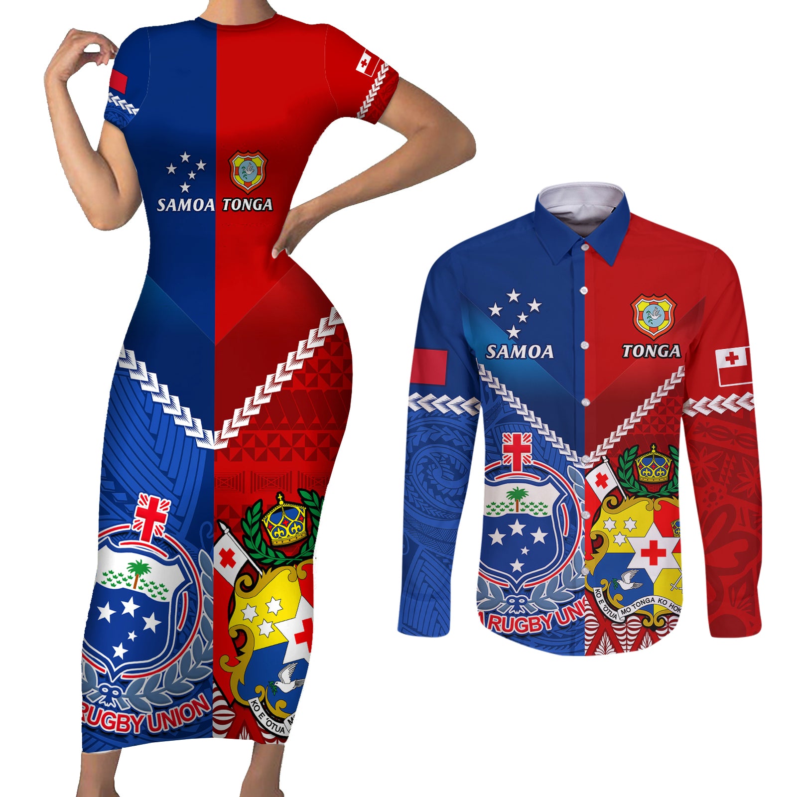 Samoa And Tonga Rugby Couples Matching Short Sleeve Bodycon Dress and Long Sleeve Button Shirts 2023 World Cup Manu Samoa With Ikale Tahi LT14 Blue - Polynesian Pride