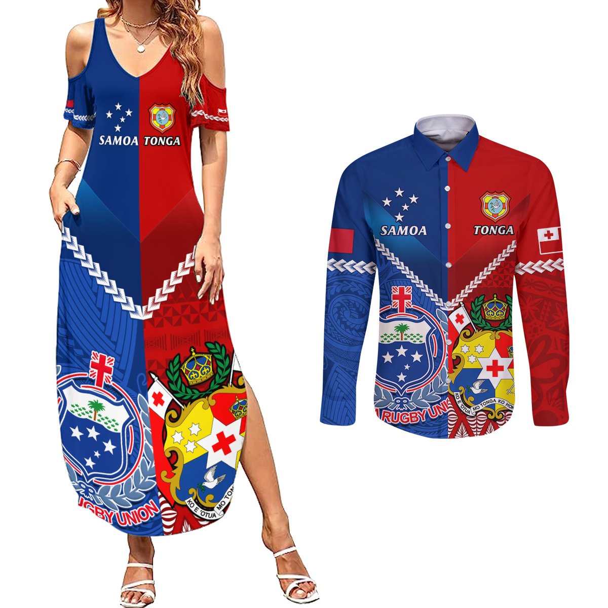 Samoa And Tonga Rugby Couples Matching Summer Maxi Dress and Long Sleeve Button Shirts 2023 World Cup Manu Samoa With Ikale Tahi LT14 Blue - Polynesian Pride