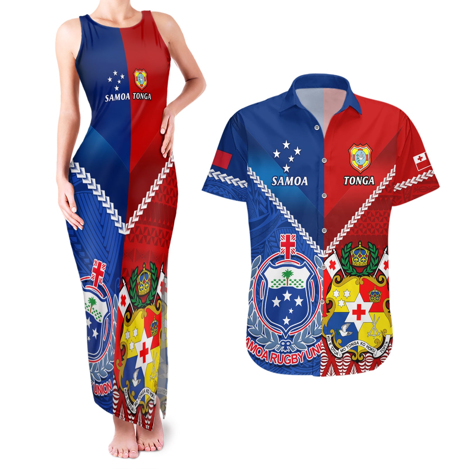 Samoa And Tonga Rugby Couples Matching Tank Maxi Dress and Hawaiian Shirt 2023 World Cup Manu Samoa With Ikale Tahi LT14 Blue - Polynesian Pride