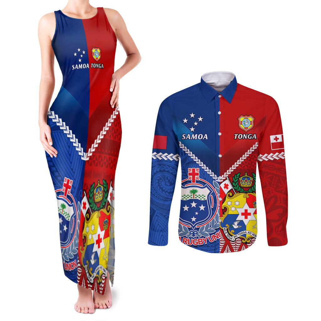 Samoa And Tonga Rugby Couples Matching Tank Maxi Dress and Long Sleeve Button Shirts 2023 World Cup Manu Samoa With Ikale Tahi LT14 Blue - Polynesian Pride