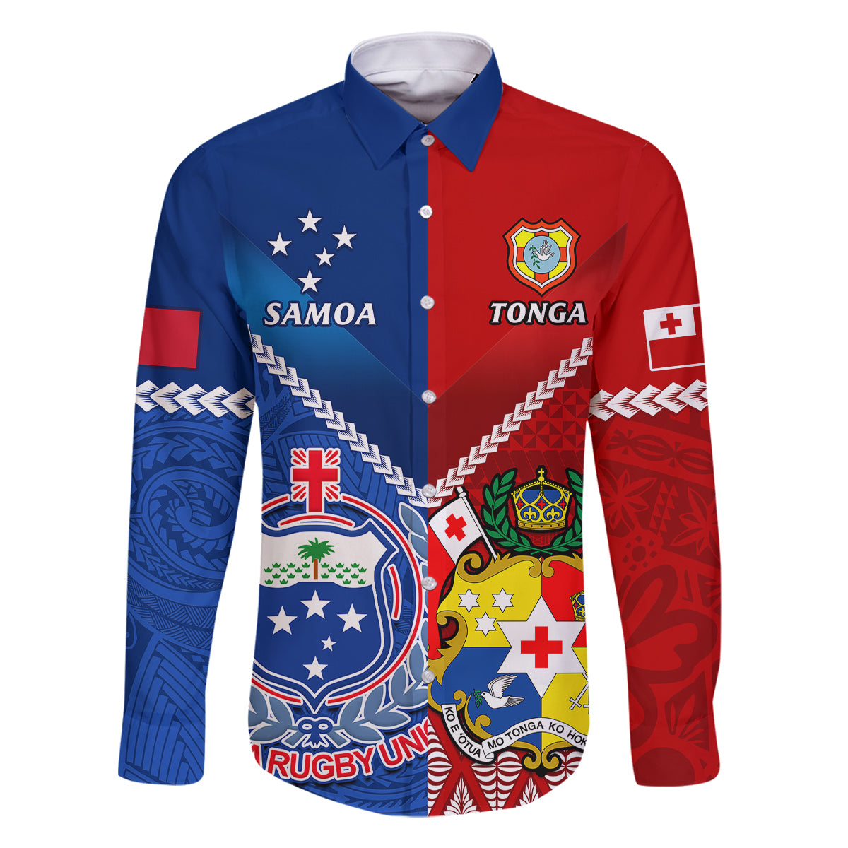 Samoa And Tonga Rugby Family Matching Mermaid Dress and Hawaiian Shirt 2023 World Cup Manu Samoa With Ikale Tahi LT14 Dad's Shirt - Long Sleeve Blue - Polynesian Pride