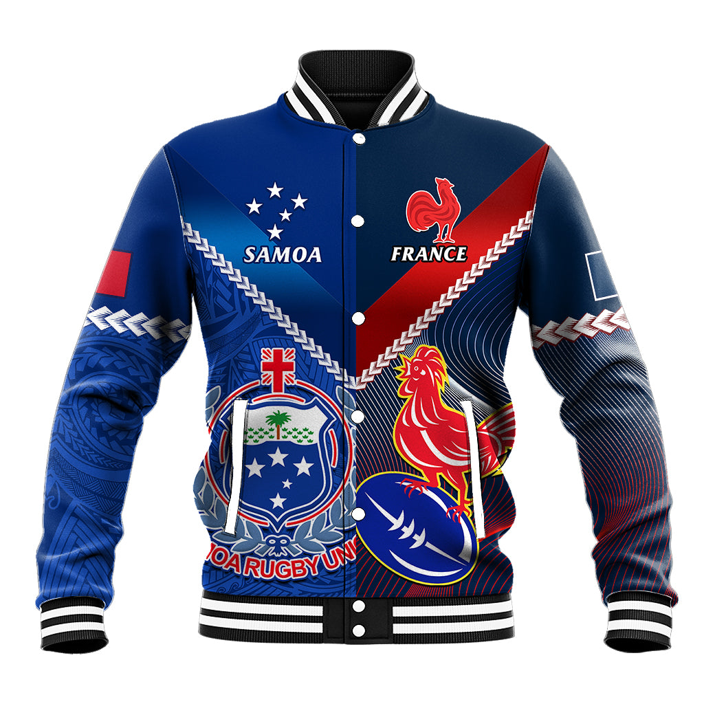 Samoa And France Rugby Baseball Jacket 2023 World Cup Manu Samoa With Les Bleus LT14 Unisex Blue - Polynesian Pride