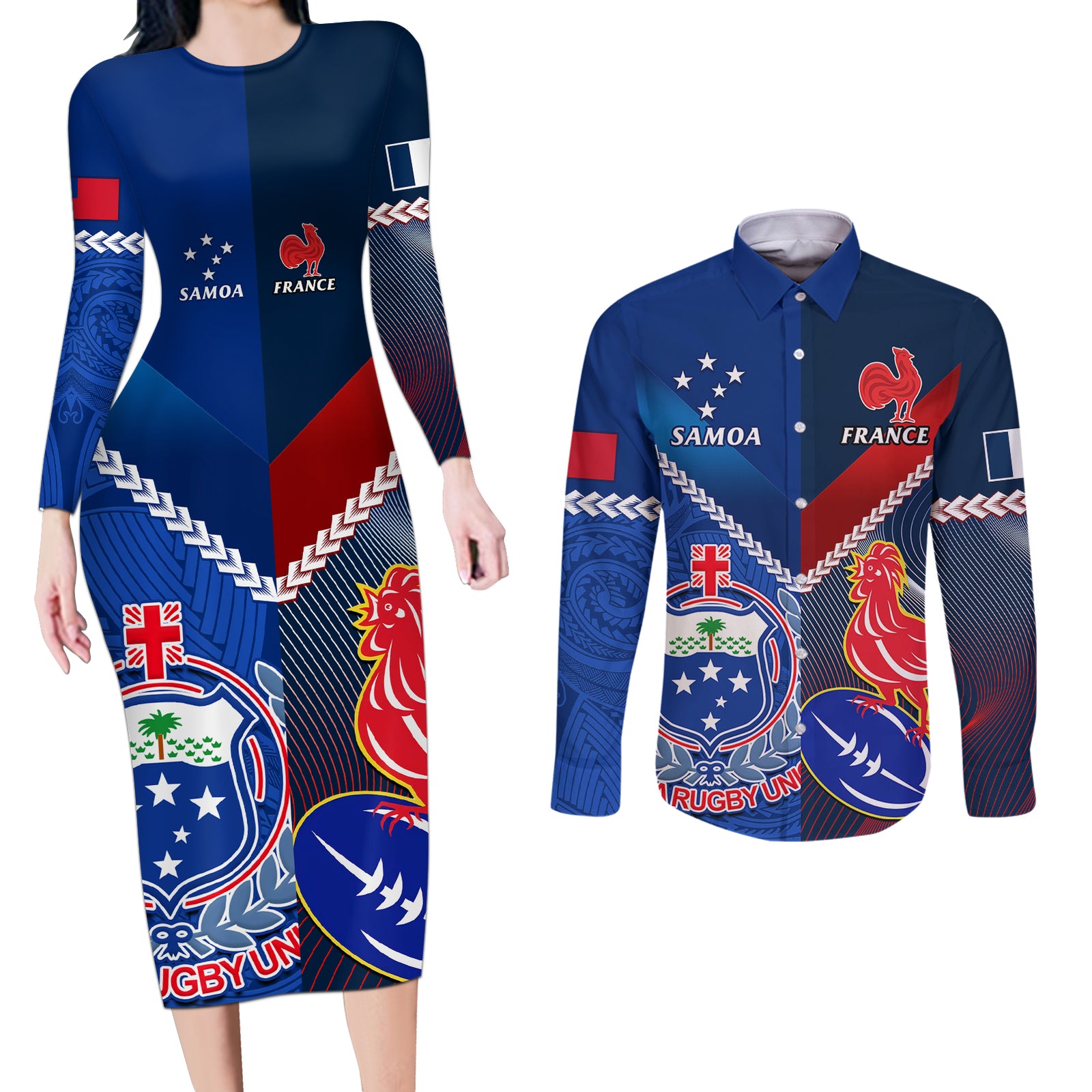 Samoa And France Rugby Couples Matching Long Sleeve Bodycon Dress and Long Sleeve Button Shirts 2023 World Cup Manu Samoa With Les Bleus LT14 Blue - Polynesian Pride