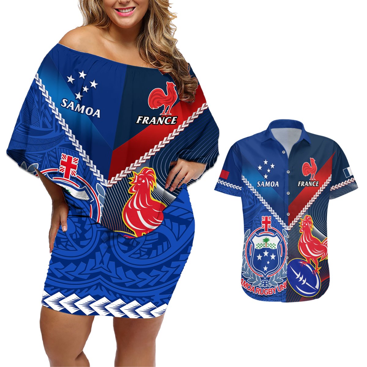 Samoa And France Rugby Couples Matching Off Shoulder Short Dress and Hawaiian Shirt 2023 World Cup Manu Samoa With Les Bleus LT14 Blue - Polynesian Pride