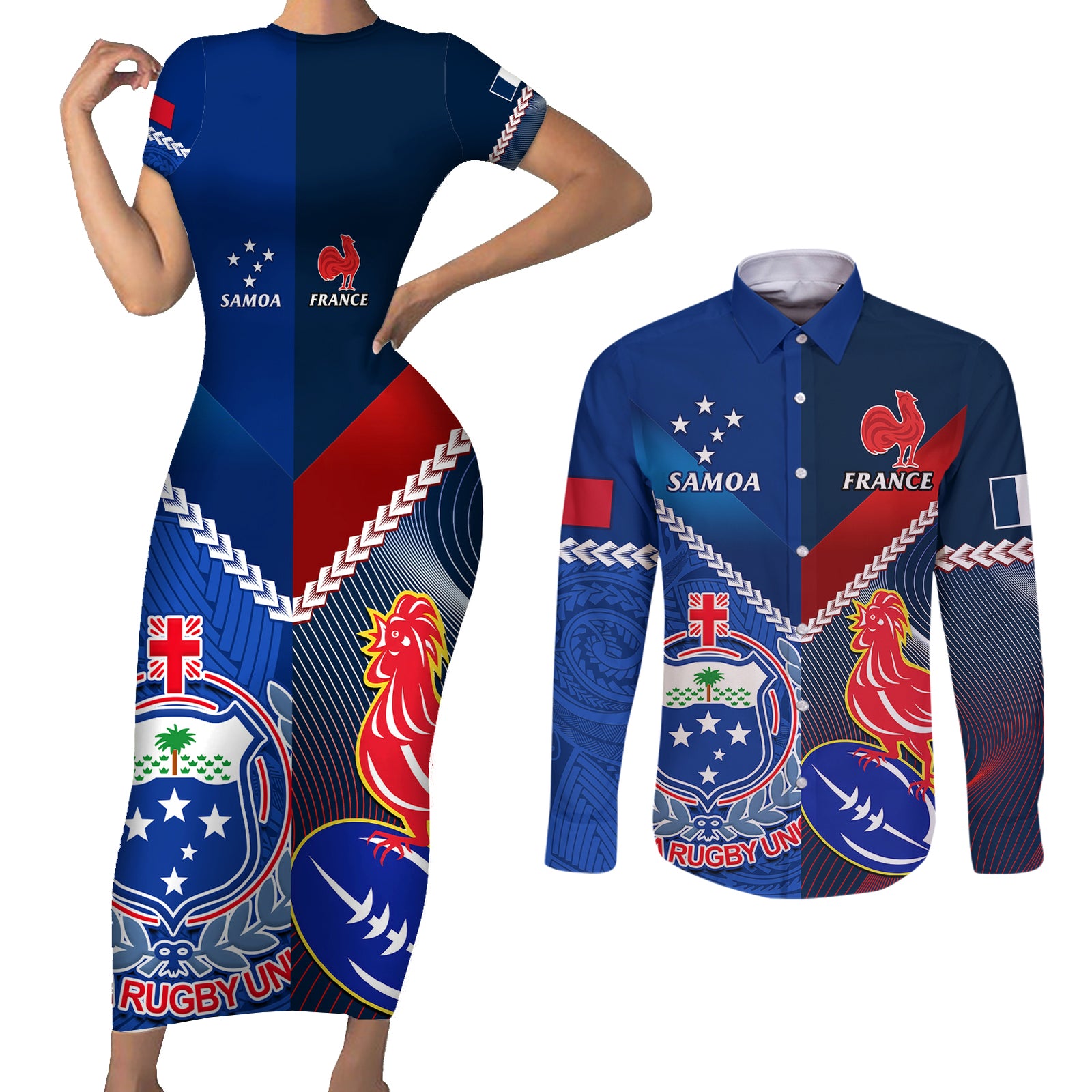 Samoa And France Rugby Couples Matching Short Sleeve Bodycon Dress and Long Sleeve Button Shirts 2023 World Cup Manu Samoa With Les Bleus LT14 Blue - Polynesian Pride