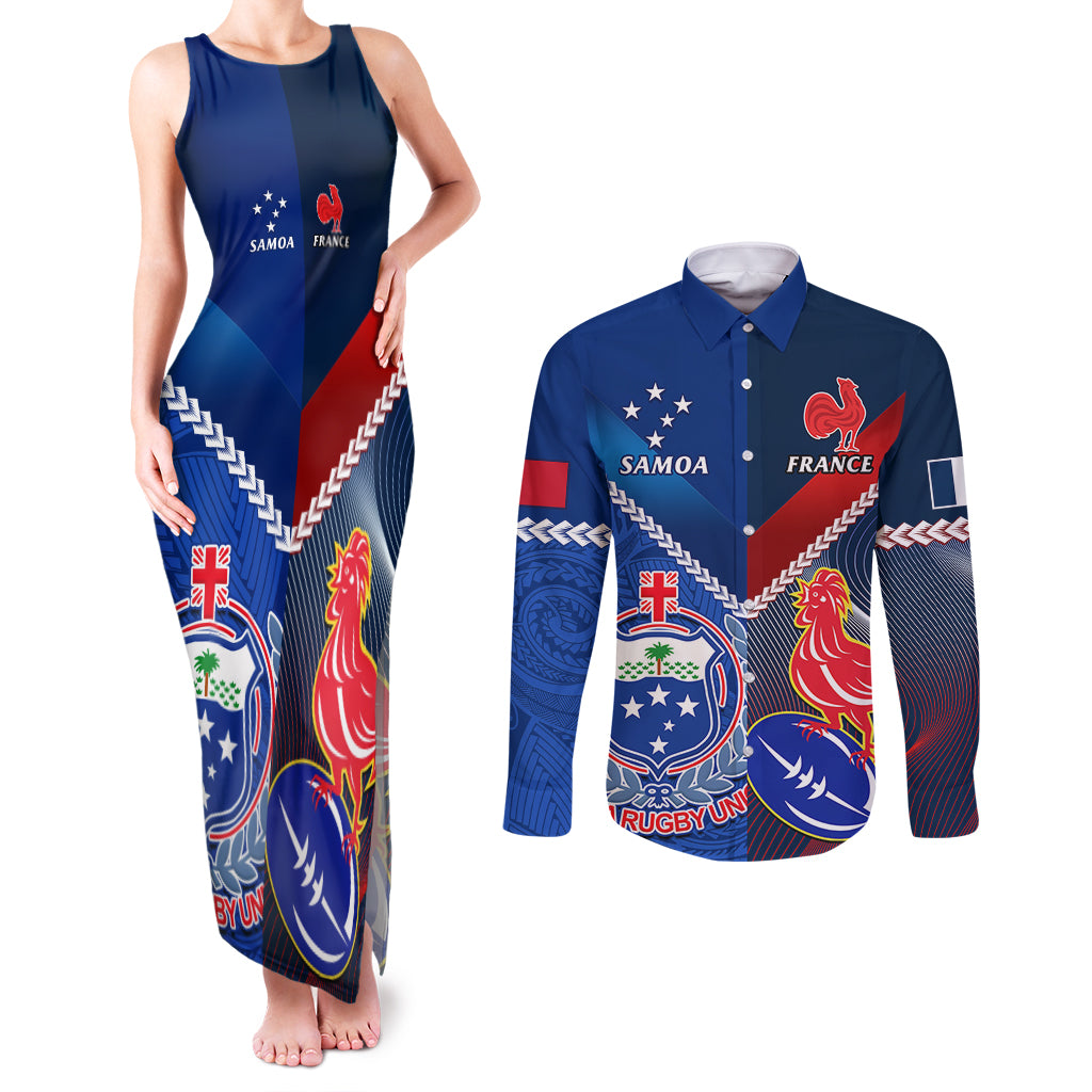 Samoa And France Rugby Couples Matching Tank Maxi Dress and Long Sleeve Button Shirts 2023 World Cup Manu Samoa With Les Bleus LT14 Blue - Polynesian Pride