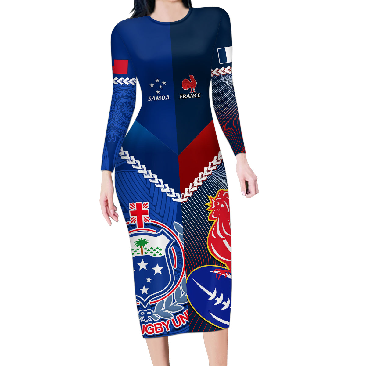 samoa-and-france-rugby-family-matching-long-sleeve-bodycon-dress-and-hawaiian-shirt-2023-world-cup-manu-samoa-with-les-bleus
