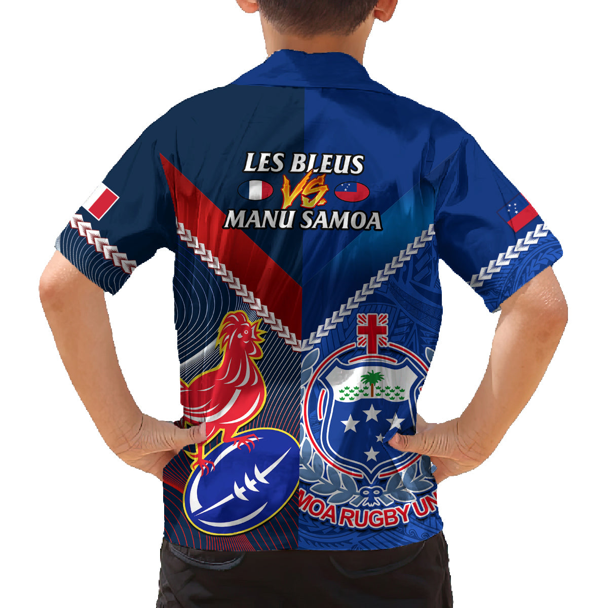 Samoa And France Rugby Family Matching Puletasi Dress and Hawaiian Shirt 2023 World Cup Manu Samoa With Les Bleus LT14 - Polynesian Pride