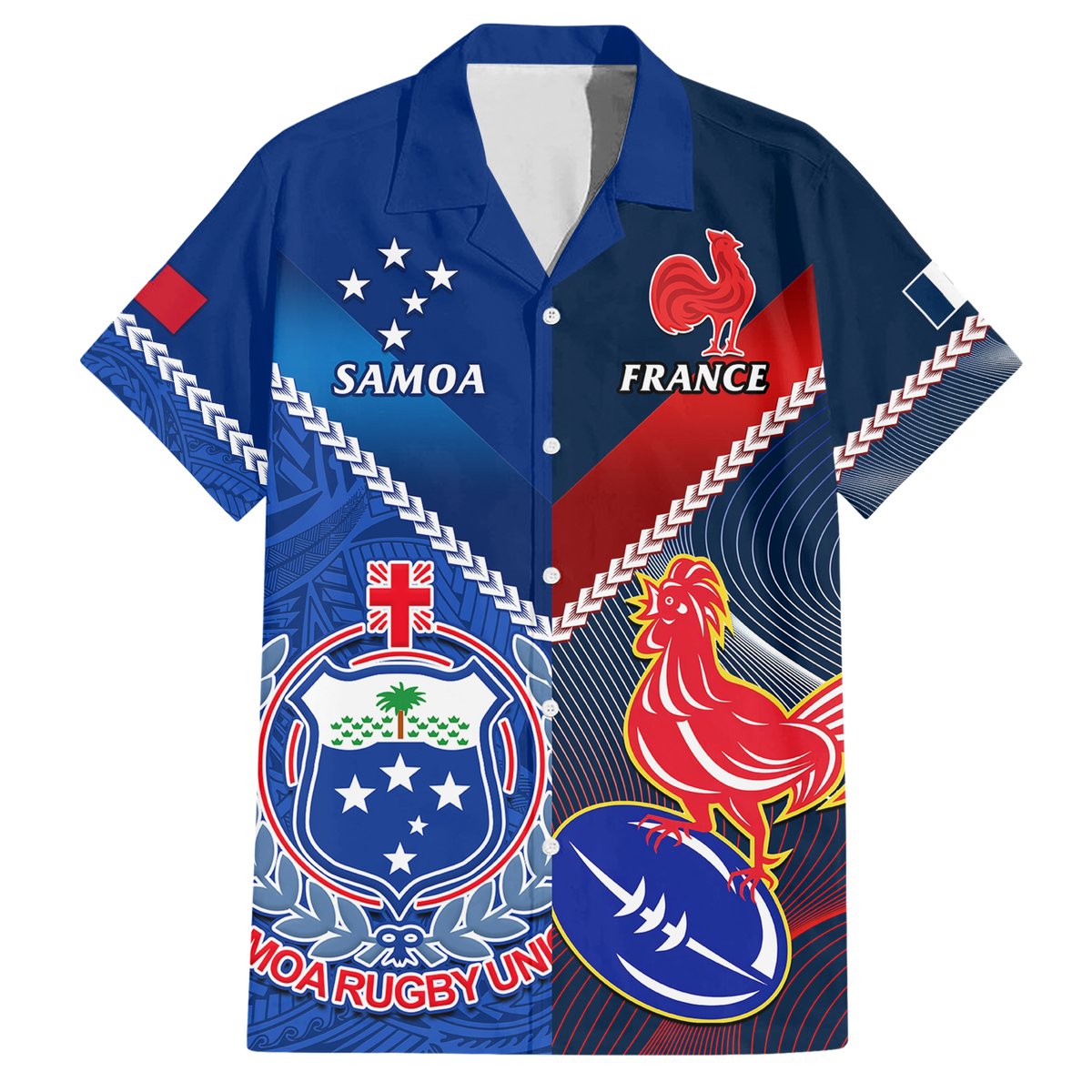 Samoa And France Rugby Hawaiian Shirt 2023 World Cup Manu Samoa With Les Bleus LT14 Blue - Polynesian Pride