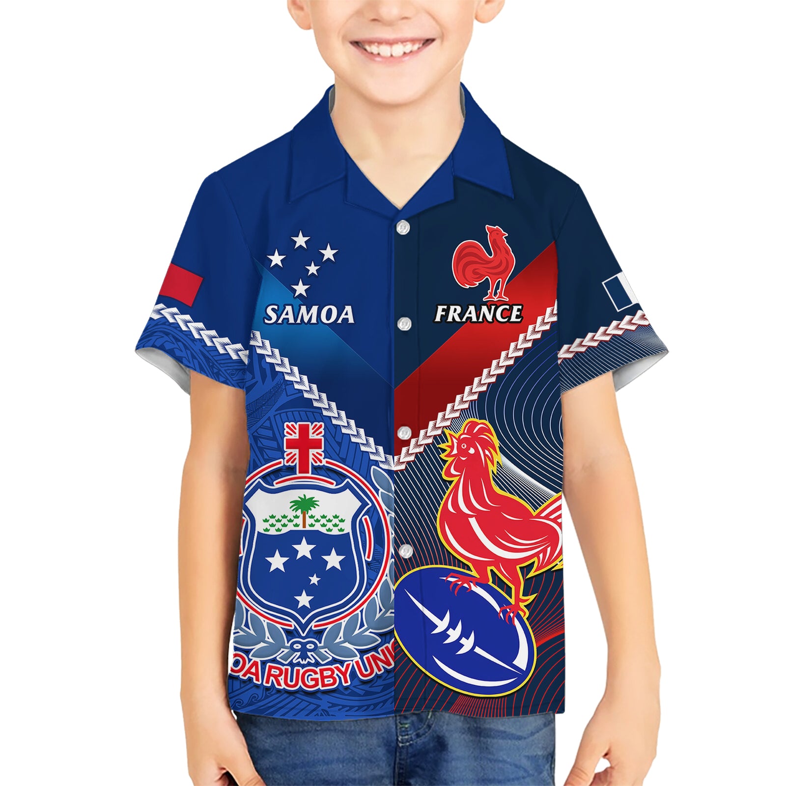 Samoa And France Rugby Kid Hawaiian Shirt 2023 World Cup Manu Samoa With Les Bleus LT14 Kid Blue - Polynesian Pride