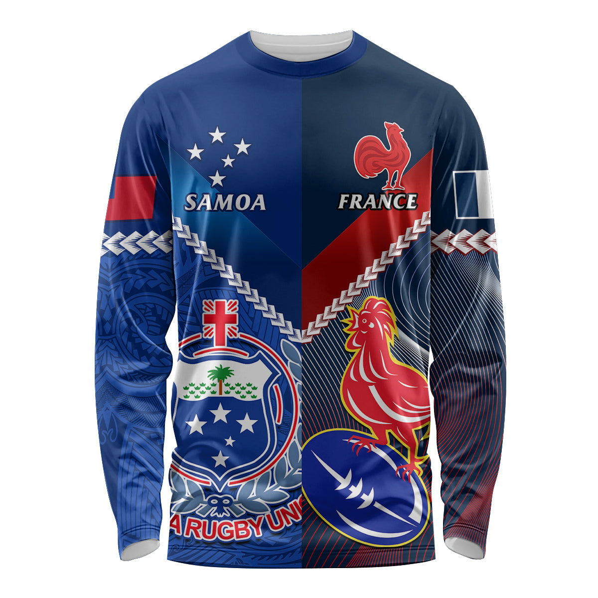 Samoa And France Rugby Long Sleeve Shirt 2023 World Cup Manu Samoa With Les Bleus LT14 Unisex Blue - Polynesian Pride