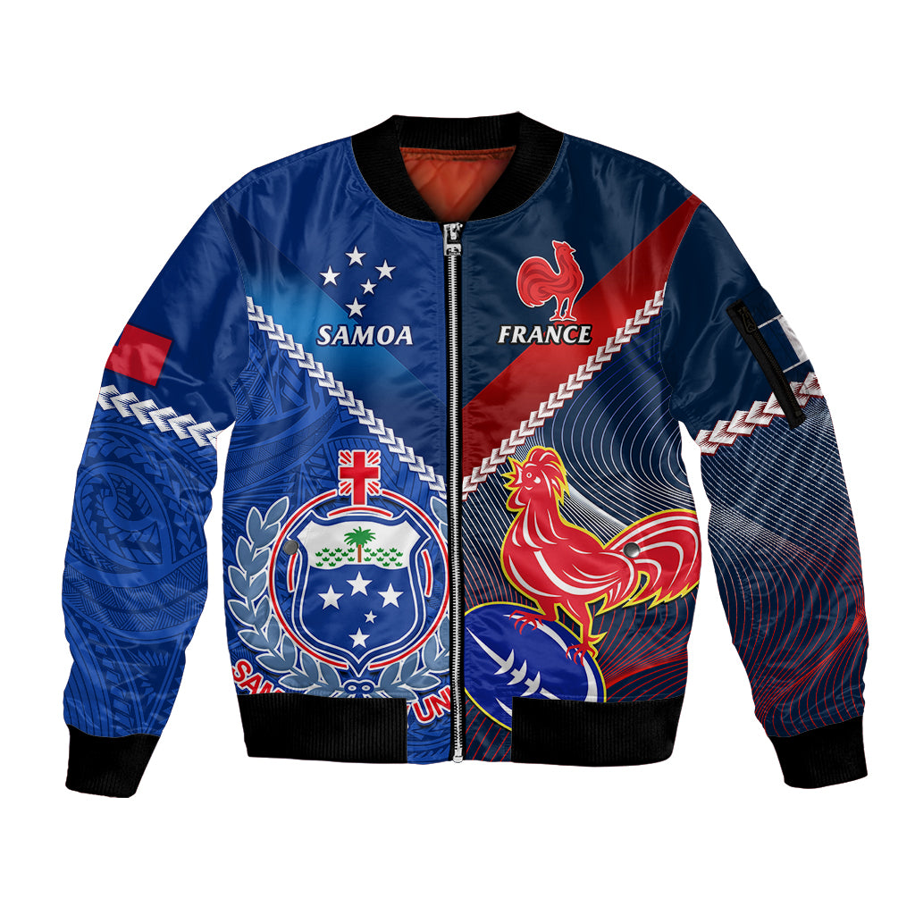 Samoa And France Rugby Sleeve Zip Bomber Jacket 2023 World Cup Manu Samoa With Les Bleus LT14 Unisex Blue - Polynesian Pride