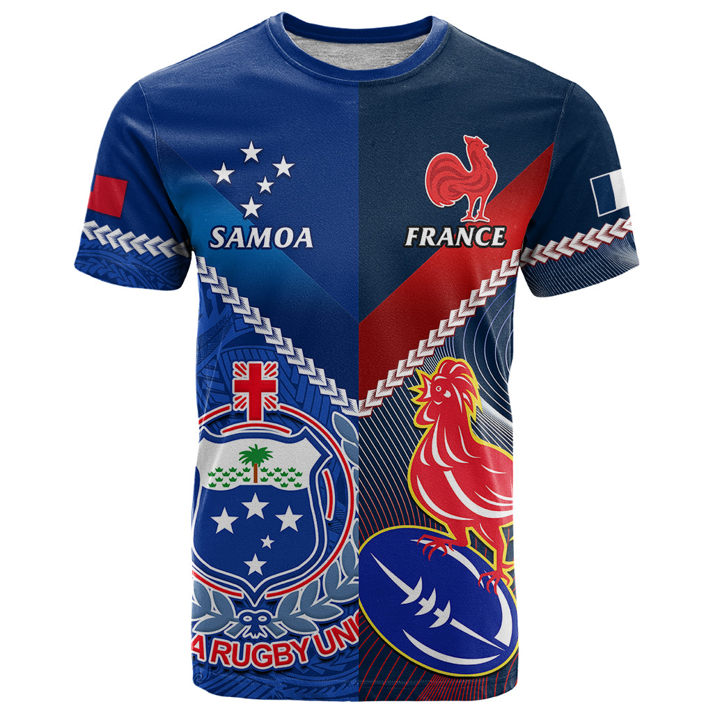 Samoa And France Rugby T Shirt 2023 World Cup Manu Samoa With Les Bleus LT14 Blue - Polynesian Pride