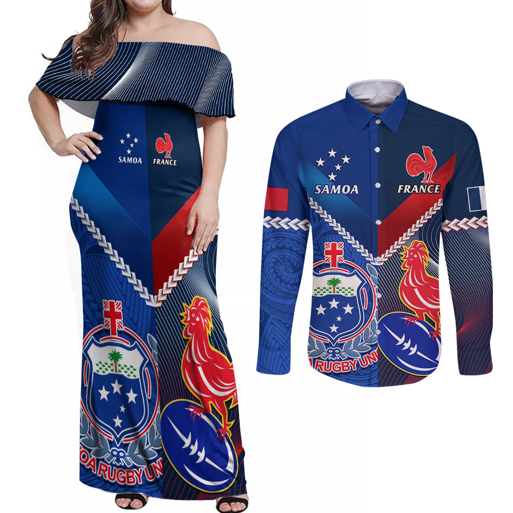 Custom Samoa And France Rugby Couples Matching Off Shoulder Maxi Dress and Long Sleeve Button Shirts 2023 World Cup Manu Samoa With Les Bleus LT14 Blue - Polynesian Pride