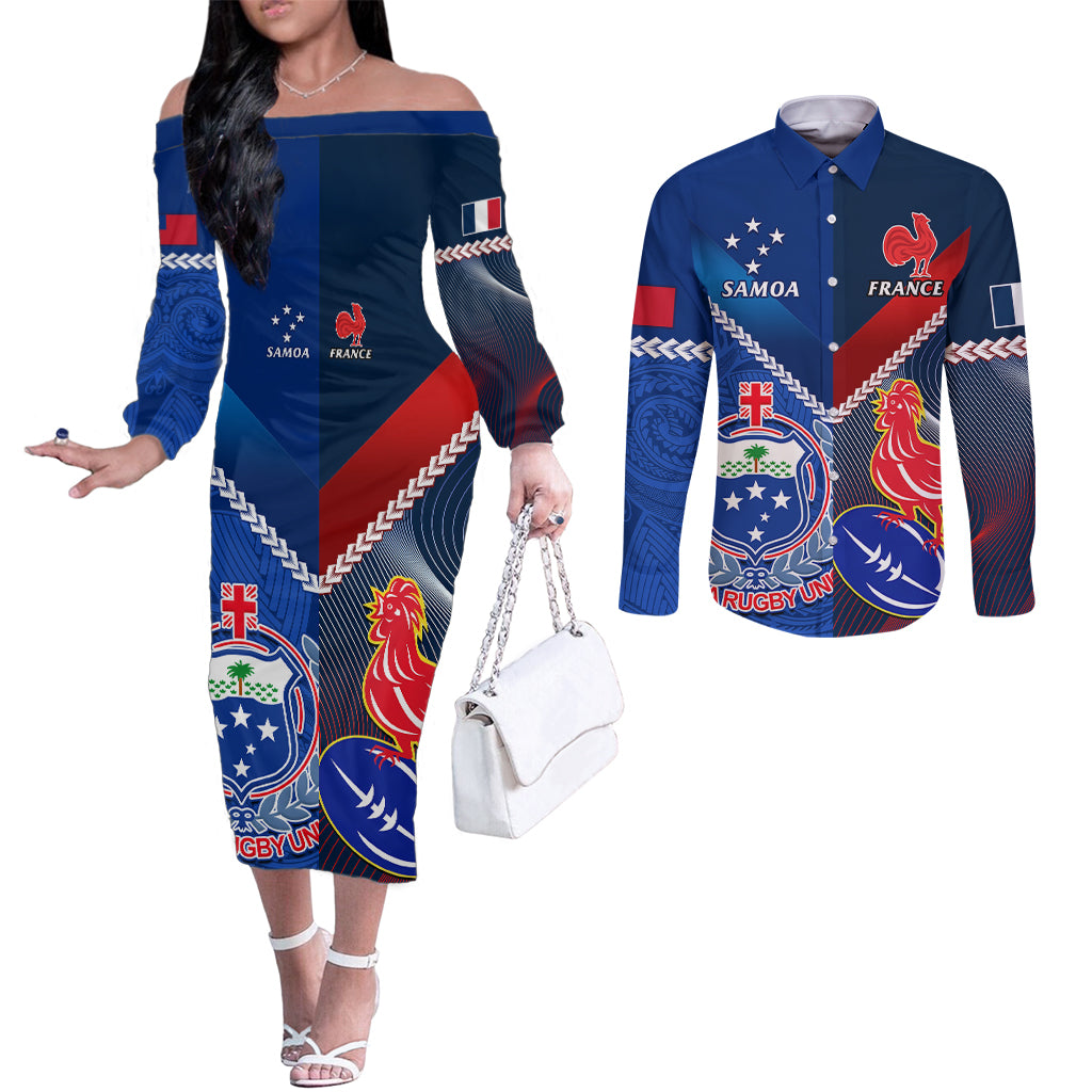 Custom Samoa And France Rugby Couples Matching Off The Shoulder Long Sleeve Dress and Long Sleeve Button Shirts 2023 World Cup Manu Samoa With Les Bleus LT14 Blue - Polynesian Pride