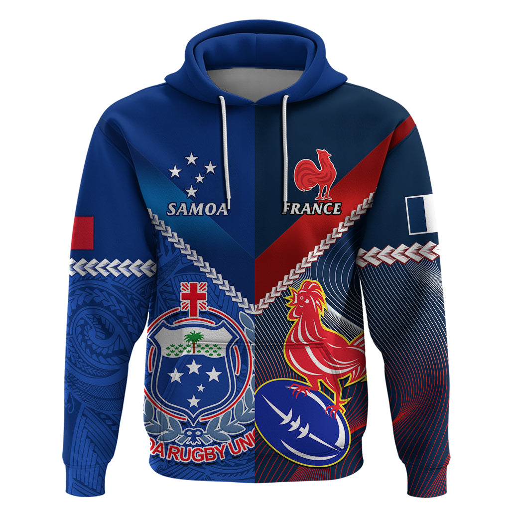 Custom Samoa And France Rugby Hoodie 2023 World Cup Manu Samoa With Les Bleus LT14 Pullover Hoodie Blue - Polynesian Pride