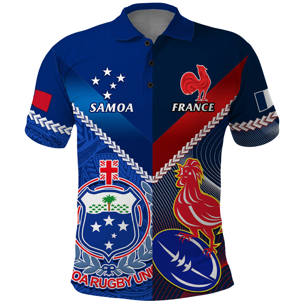 Custom Samoa And France Rugby Polo Shirt 2023 World Cup Manu Samoa With Les Bleus LT14 Blue - Polynesian Pride