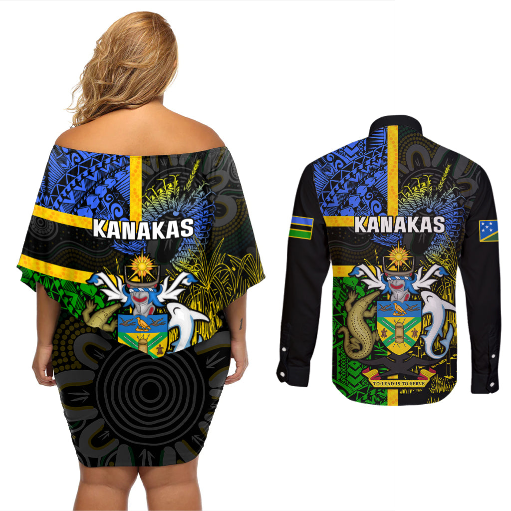 South Sea Islanders Couples Matching Off Shoulder Short Dress and Long Sleeve Button Shirts Kanakas With Solomon Islands Coat Of Arms LT14 - Polynesian Pride