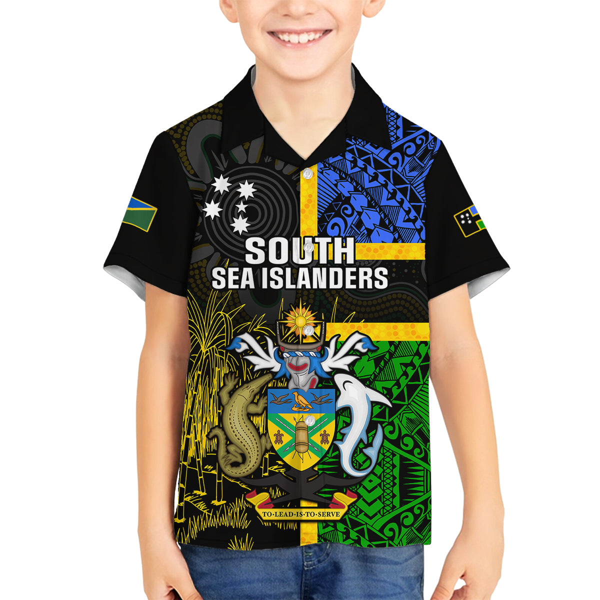 personalised-south-sea-islanders-family-matching-off-shoulder-long-sleeve-dress-and-hawaiian-shirt-kanakas-with-solomon-islands-coat-of-arms