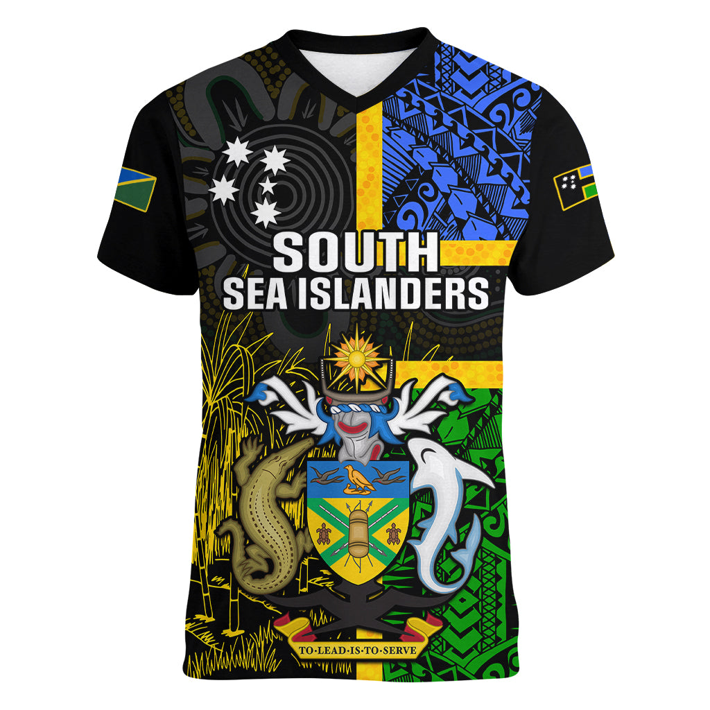personalised-south-sea-islanders-women-v-neck-t-shirt-kanakas-with-solomon-islands-coat-of-arms