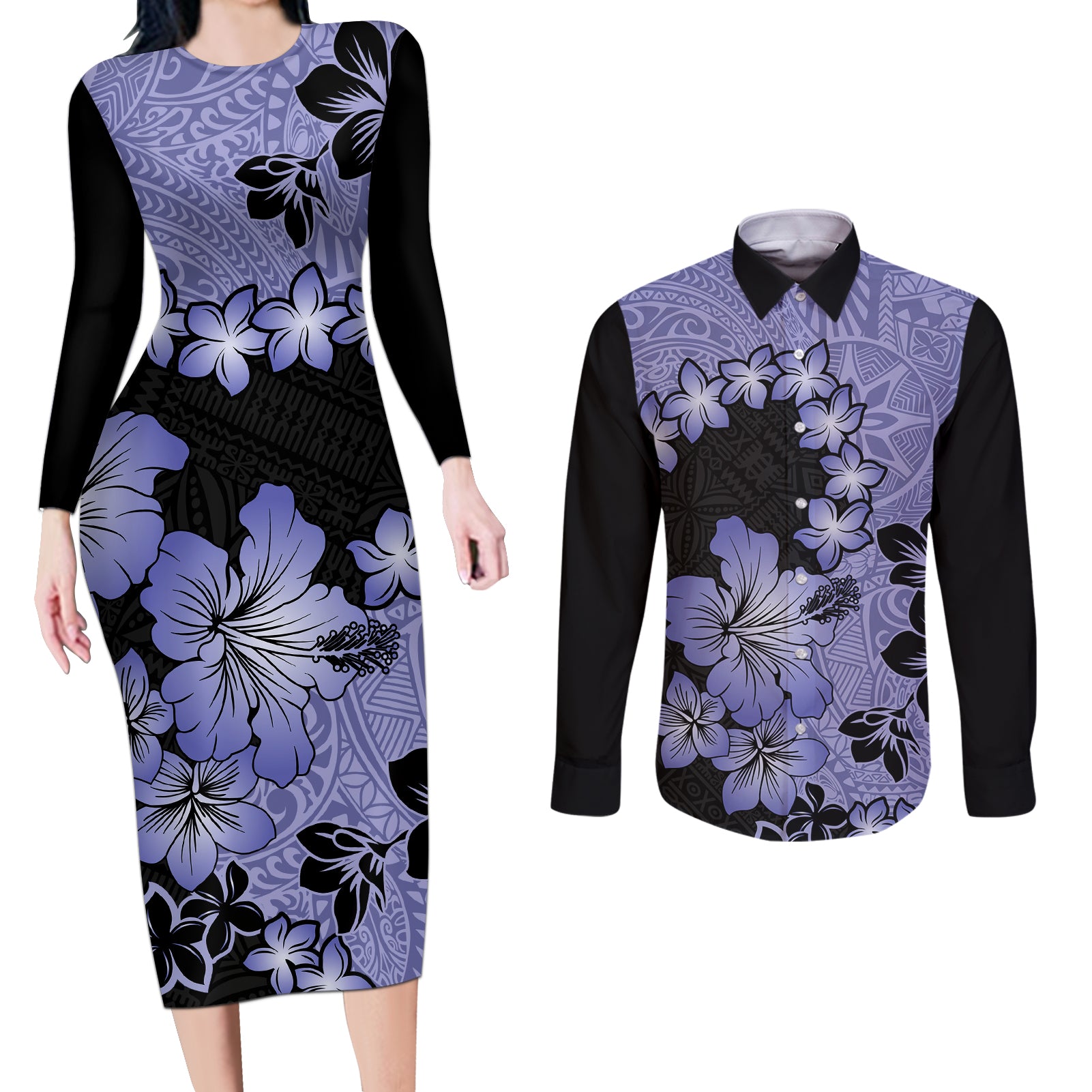 Purple Hawaii Couples Matching Long Sleeve Bodycon Dress and Long Sleeve Button Shirt Tapa Cloth Mix Tropical Flowers Pastel Vibes LT14 Purple - Polynesian Pride