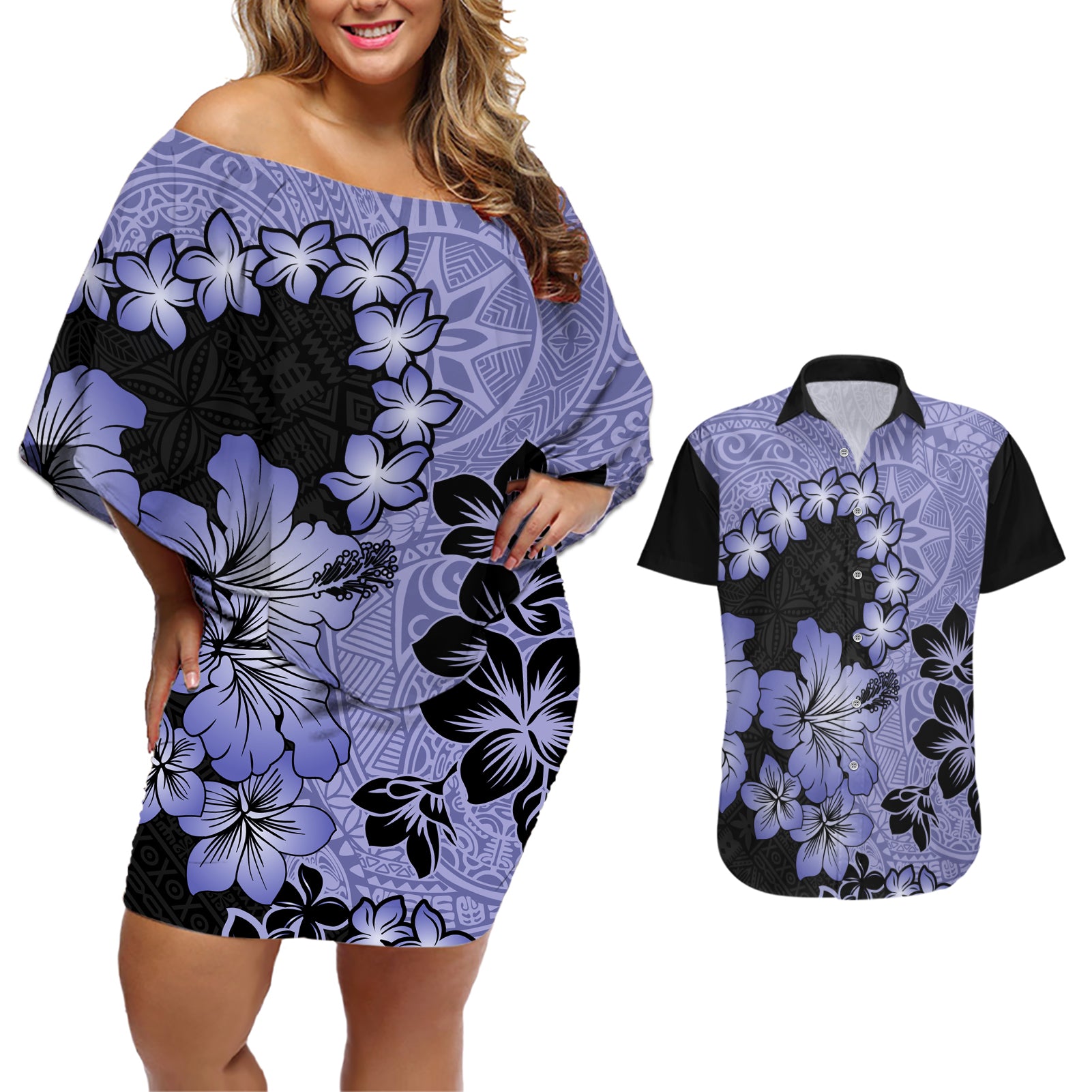 Purple Hawaii Couples Matching Off Shoulder Short Dress and Hawaiian Shirt Tapa Cloth Mix Tropical Flowers Pastel Vibes LT14 Purple - Polynesian Pride