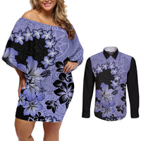 Purple Hawaii Couples Matching Off Shoulder Short Dress and Long Sleeve Button Shirt Tapa Cloth Mix Tropical Flowers Pastel Vibes LT14 Purple - Polynesian Pride