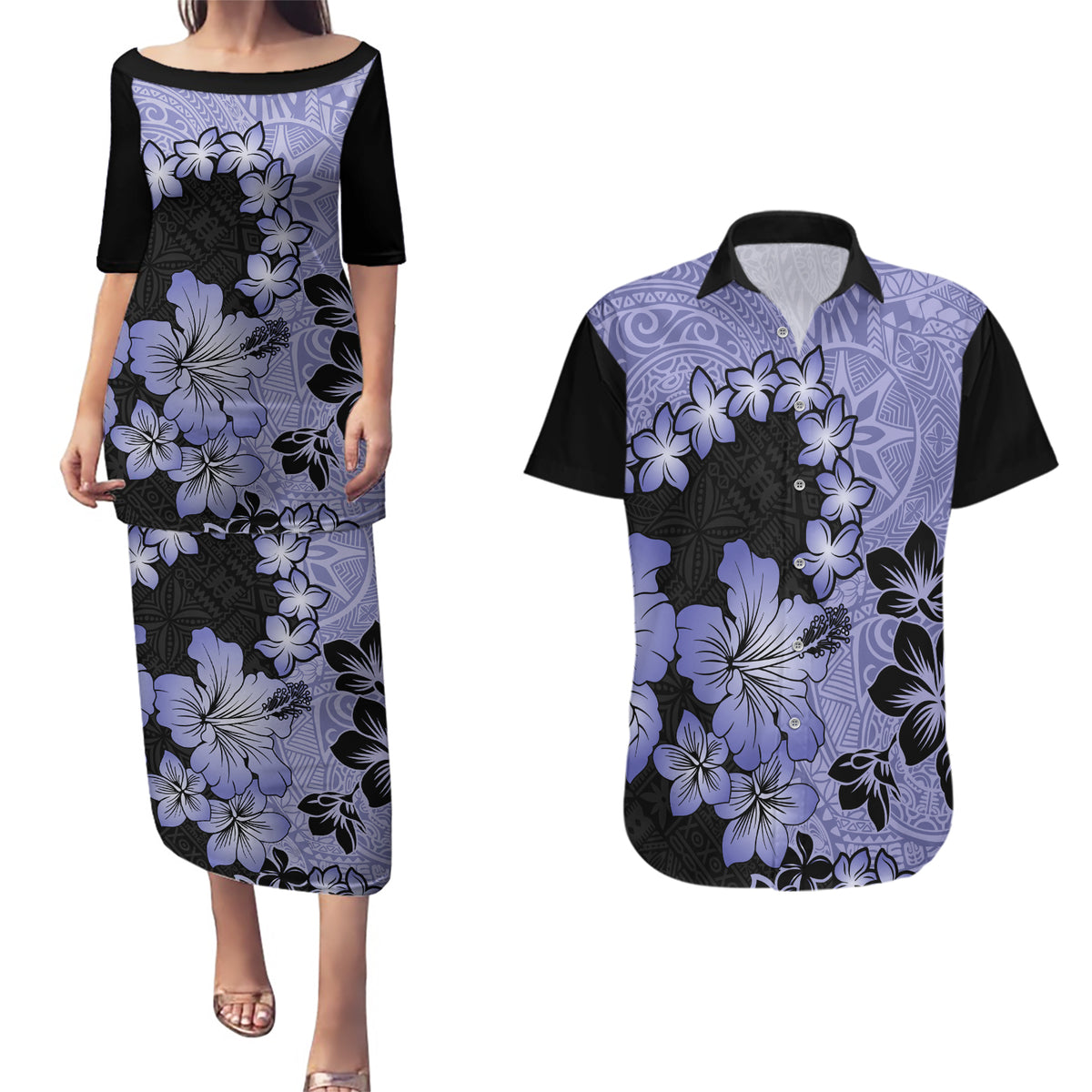 Purple Hawaii Couples Matching Puletasi Dress and Hawaiian Shirt Tapa Cloth Mix Tropical Flowers Pastel Vibes LT14 Purple - Polynesian Pride