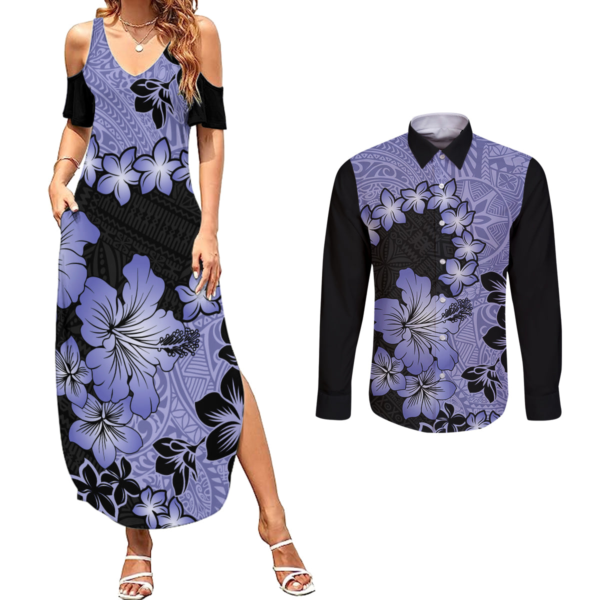 Purple Hawaii Couples Matching Summer Maxi Dress and Long Sleeve Button Shirt Tapa Cloth Mix Tropical Flowers Pastel Vibes LT14 Purple - Polynesian Pride