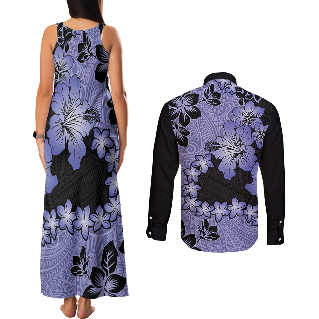 Purple Hawaii Couples Matching Tank Maxi Dress and Long Sleeve Button Shirt Tapa Cloth Mix Tropical Flowers Pastel Vibes LT14 - Polynesian Pride