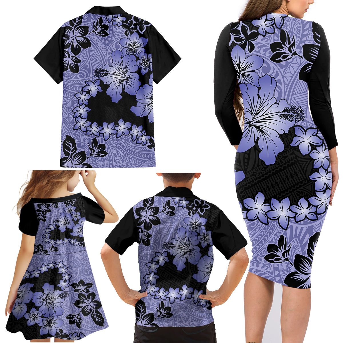 Purple Hawaii Family Matching Long Sleeve Bodycon Dress and Hawaiian Shirt Tapa Cloth Mix Tropical Flowers Pastel Vibes LT14 - Polynesian Pride
