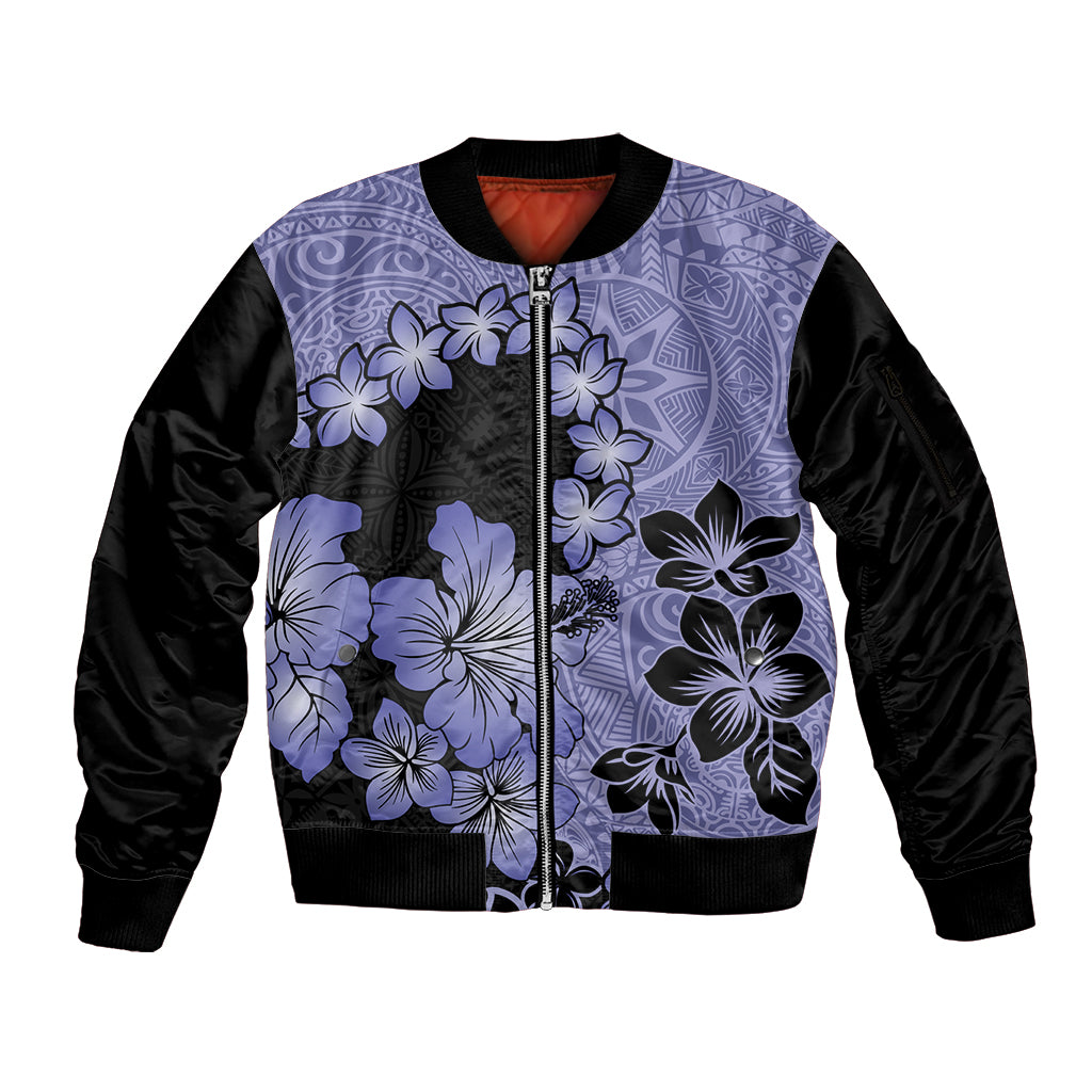 Purple Hawaii Sleeve Zip Bomber Jacket Tapa Cloth Mix Tropical Flowers Pastel Vibes LT14 Unisex Purple - Polynesian Pride