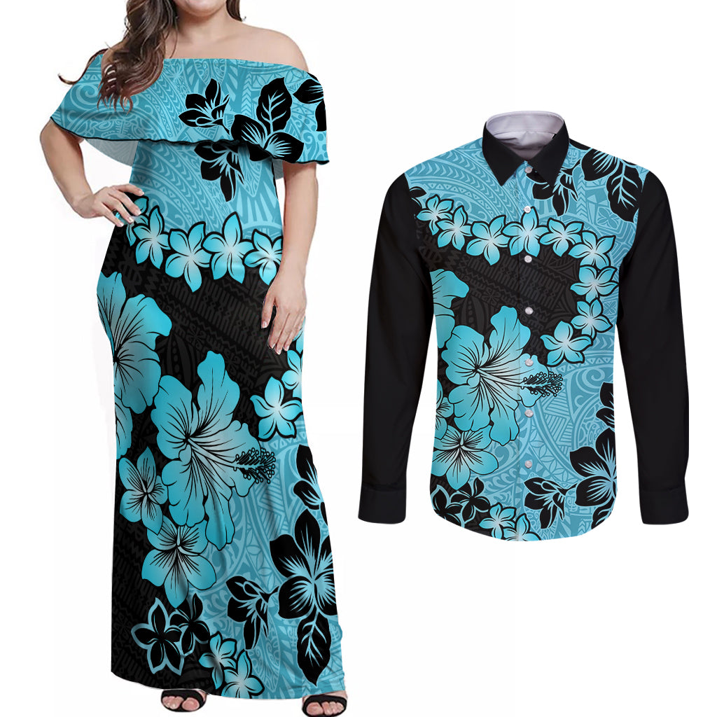 Blue Hawaii Couples Matching Off Shoulder Maxi Dress and Long Sleeve Button Shirt Tapa Cloth Mix Tropical Flowers Pastel Vibes LT14 Blue - Polynesian Pride