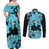 Blue Hawaii Couples Matching Off Shoulder Maxi Dress and Long Sleeve Button Shirt Tapa Cloth Mix Tropical Flowers Pastel Vibes LT14 - Polynesian Pride