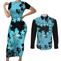 Blue Hawaii Couples Matching Short Sleeve Bodycon Dress and Long Sleeve Button Shirt Tapa Cloth Mix Tropical Flowers Pastel Vibes LT14 Blue - Polynesian Pride