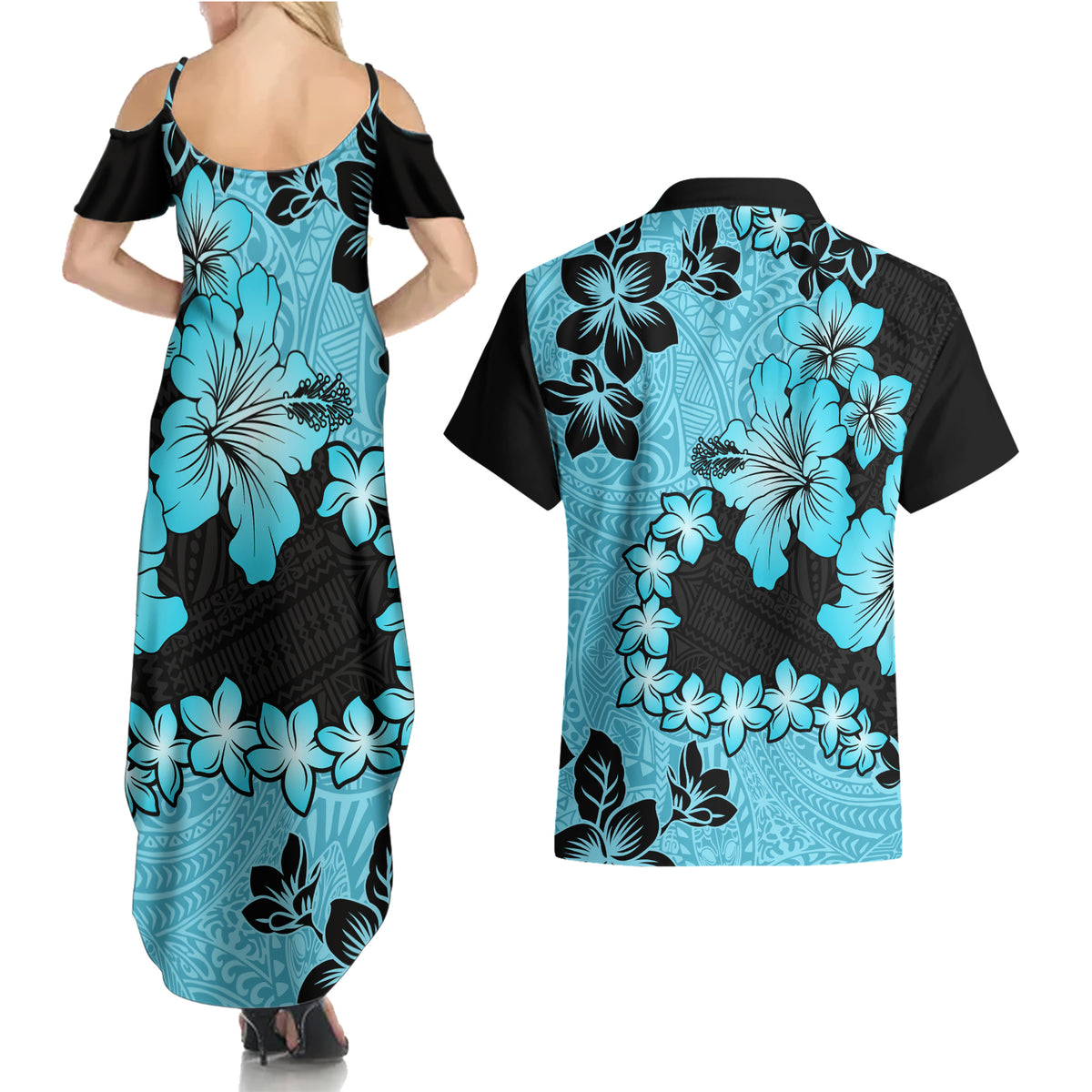 Blue Hawaii Couples Matching Summer Maxi Dress and Hawaiian Shirt Tapa Cloth Mix Tropical Flowers Pastel Vibes LT14 - Polynesian Pride