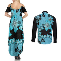 Blue Hawaii Couples Matching Summer Maxi Dress and Long Sleeve Button Shirt Tapa Cloth Mix Tropical Flowers Pastel Vibes LT14 - Polynesian Pride
