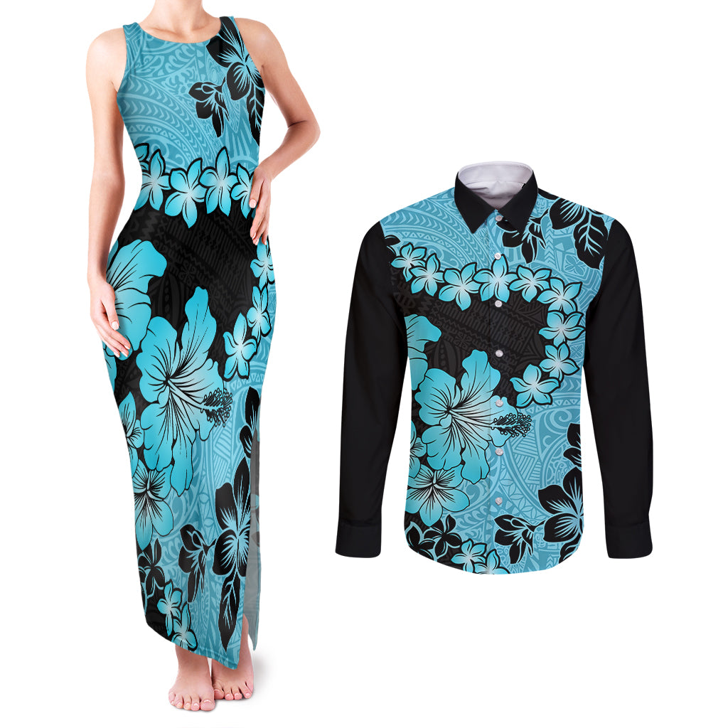 Blue Hawaii Couples Matching Tank Maxi Dress and Long Sleeve Button Shirt Tapa Cloth Mix Tropical Flowers Pastel Vibes LT14 Blue - Polynesian Pride