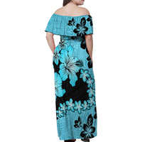 Blue Hawaii Family Matching Off Shoulder Maxi Dress and Hawaiian Shirt Tapa Cloth Mix Tropical Flowers Pastel Vibes LT14 - Polynesian Pride