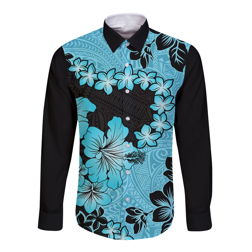 Blue Hawaii Long Sleeve Button Shirt Tapa Cloth Mix Tropical Flowers Pastel Vibes LT14 Unisex Blue - Polynesian Pride