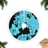 Blue Hawaii Tree Skirt Tapa Cloth Mix Tropical Flowers Pastel Vibes LT14 Fringed Tree Skirts Blue - Polynesian Pride