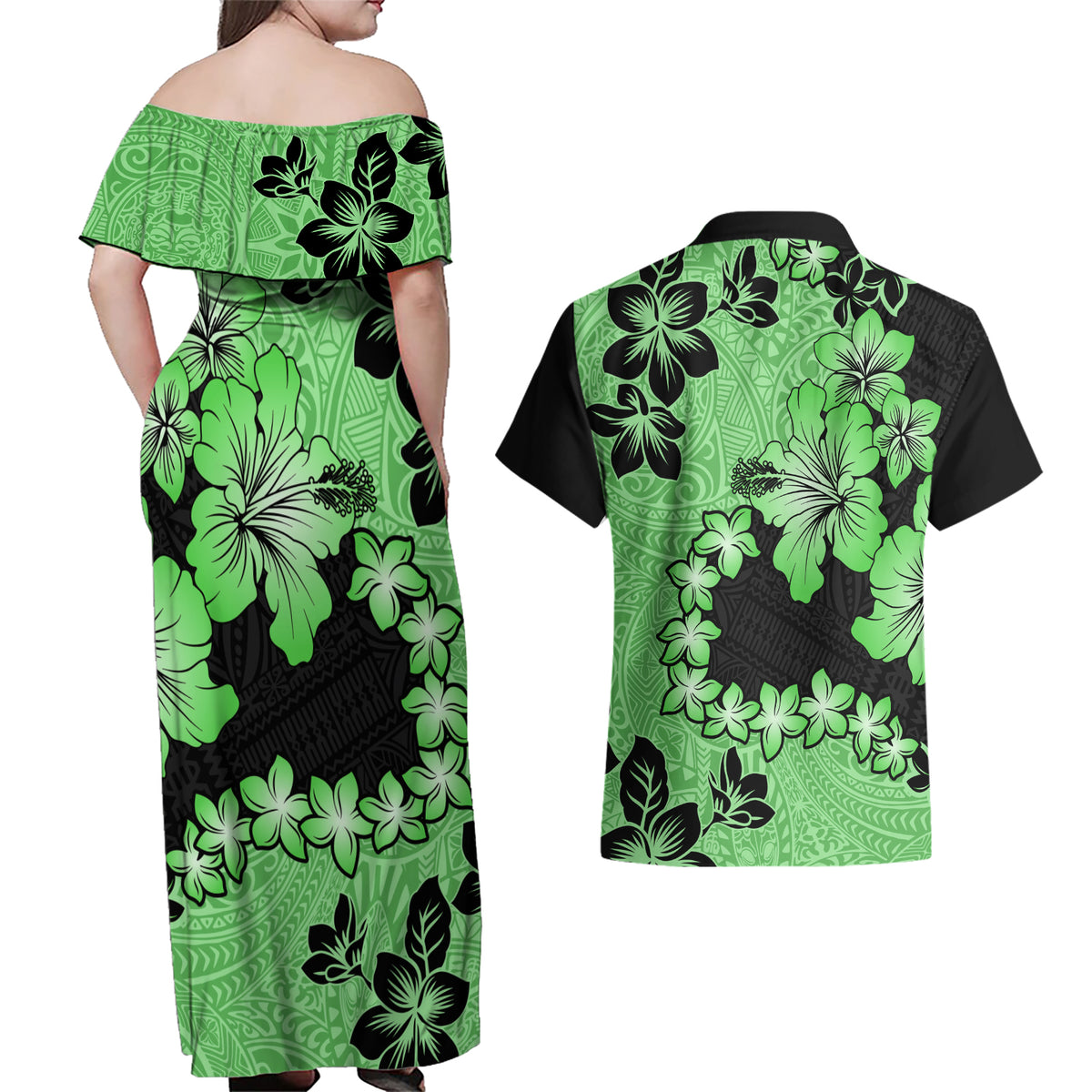 Green Hawaii Couples Matching Off Shoulder Maxi Dress and Hawaiian Shirt Tapa Cloth Mix Tropical Flowers Pastel Vibes LT14 - Polynesian Pride