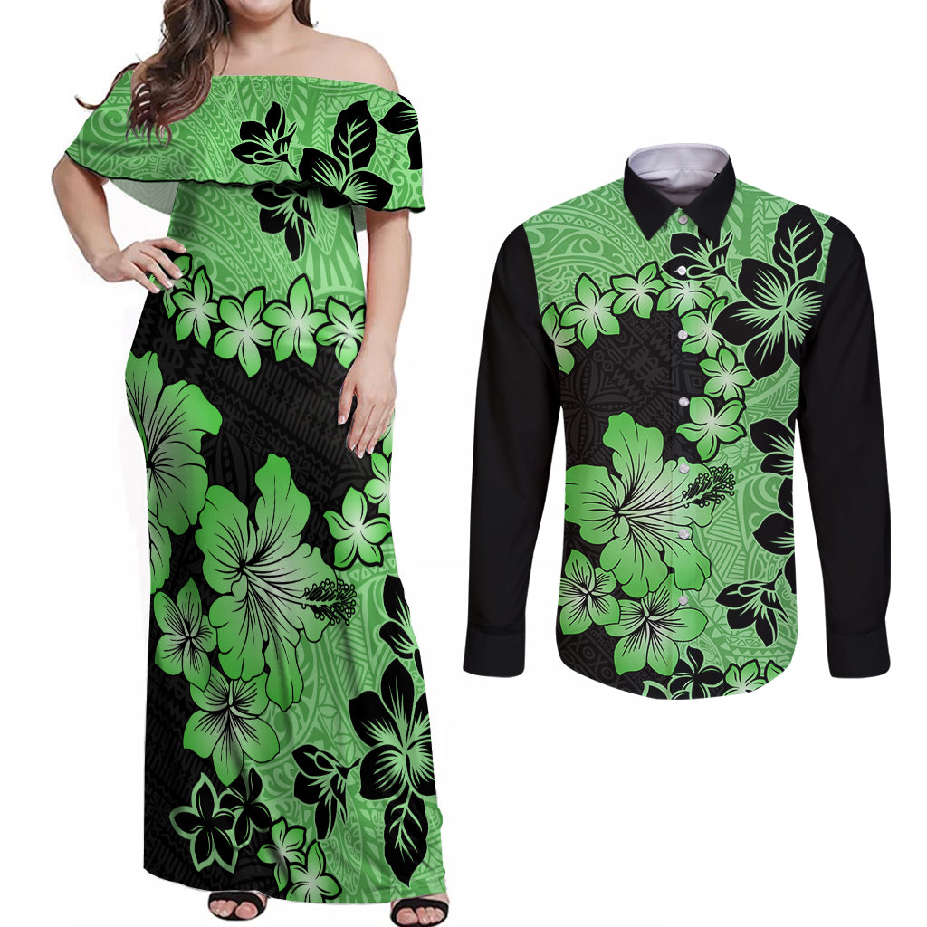 Green Hawaii Couples Matching Off Shoulder Maxi Dress and Long Sleeve Button Shirt Tapa Cloth Mix Tropical Flowers Pastel Vibes LT14 Green - Polynesian Pride