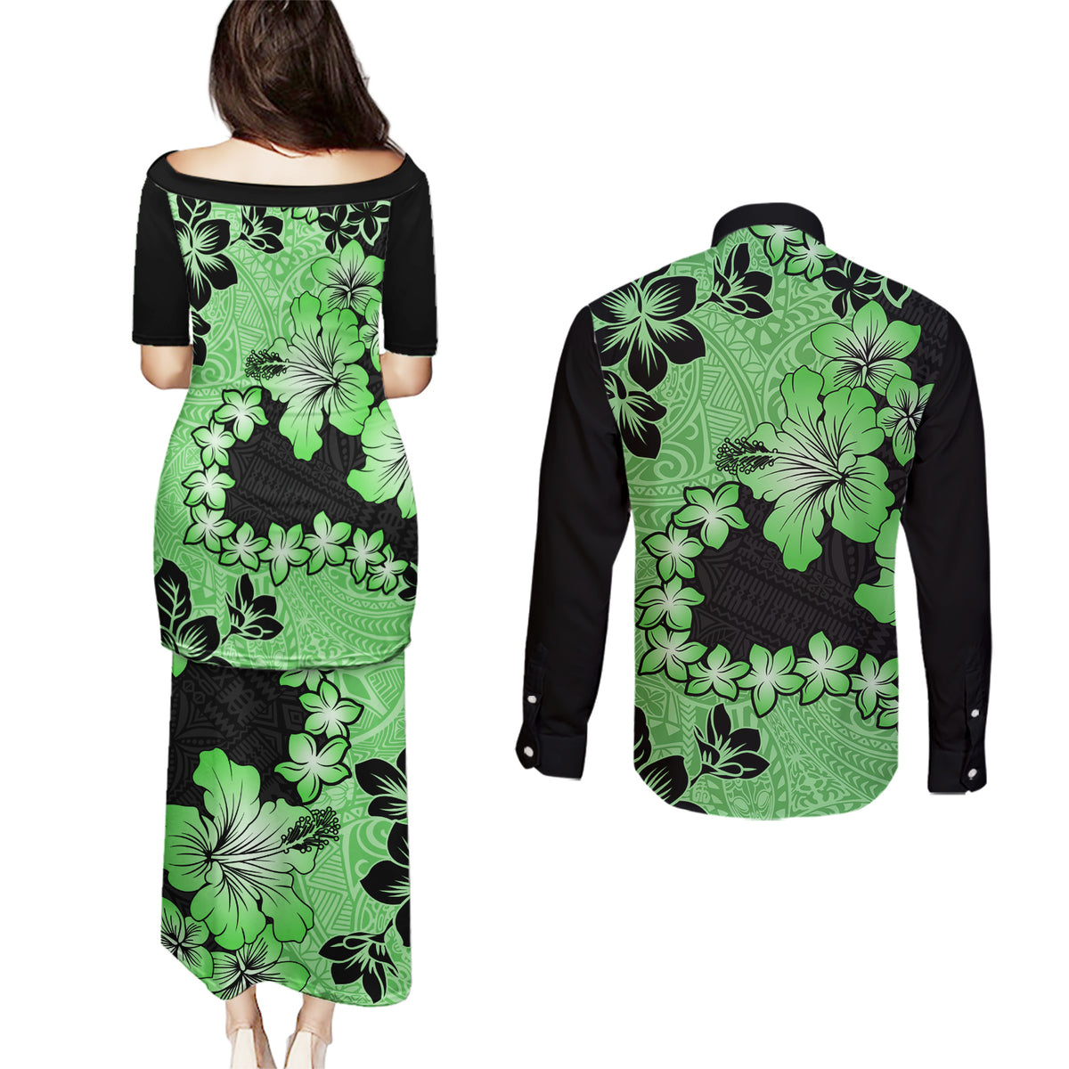 Green Hawaii Couples Matching Puletasi Dress and Long Sleeve Button Shirt Tapa Cloth Mix Tropical Flowers Pastel Vibes LT14 - Polynesian Pride
