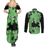 Green Hawaii Couples Matching Summer Maxi Dress and Long Sleeve Button Shirt Tapa Cloth Mix Tropical Flowers Pastel Vibes LT14 - Polynesian Pride