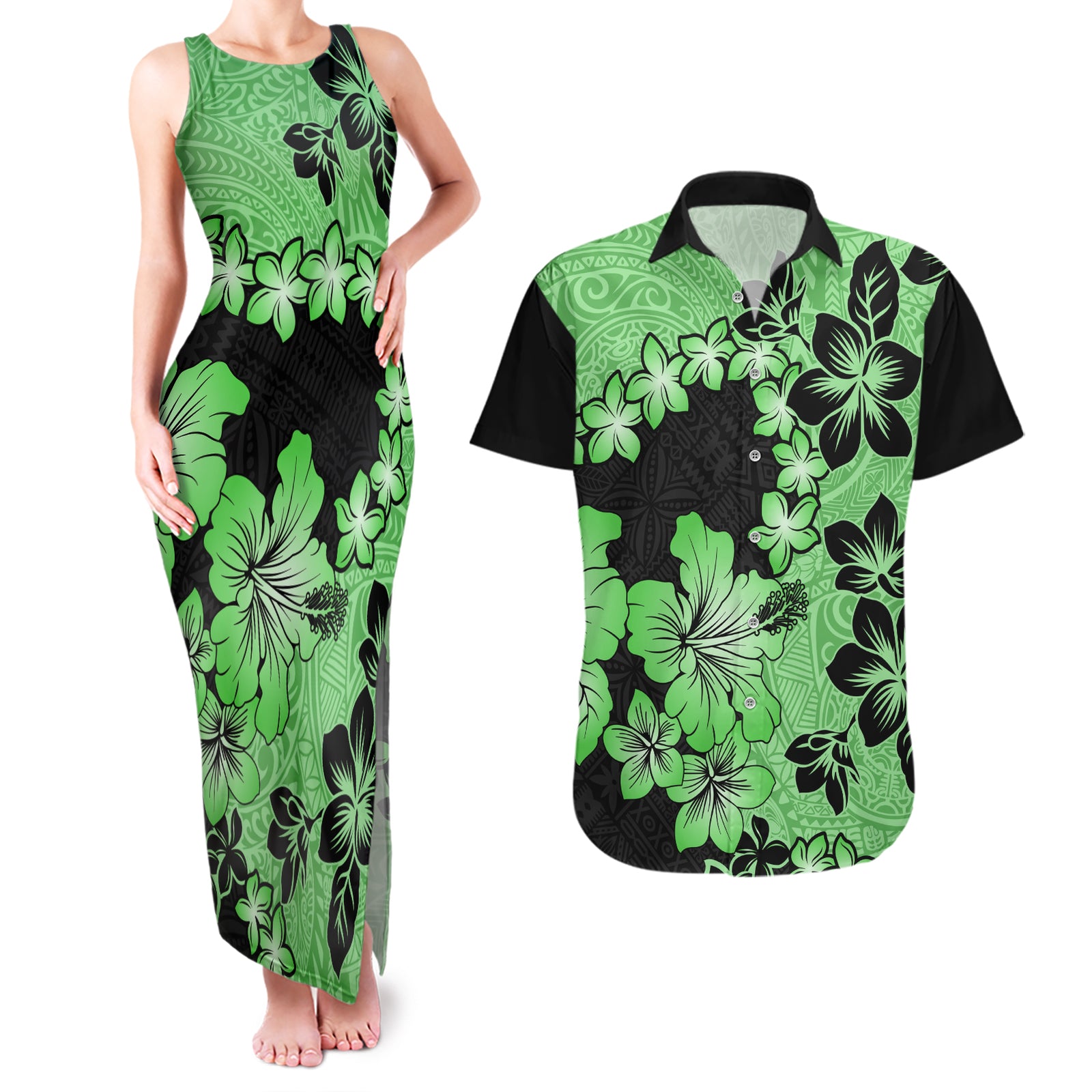 Green Hawaii Couples Matching Tank Maxi Dress and Hawaiian Shirt Tapa Cloth Mix Tropical Flowers Pastel Vibes LT14 Green - Polynesian Pride
