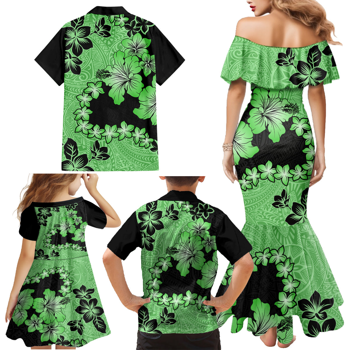 Green Hawaii Family Matching Mermaid Dress and Hawaiian Shirt Tapa Cloth Mix Tropical Flowers Pastel Vibes LT14 - Polynesian Pride