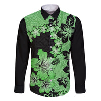 Green Hawaii Family Matching Off Shoulder Long Sleeve Dress and Hawaiian Shirt Tapa Cloth Mix Tropical Flowers Pastel Vibes LT14 Dad's Shirt - Long Sleeve Green - Polynesian Pride